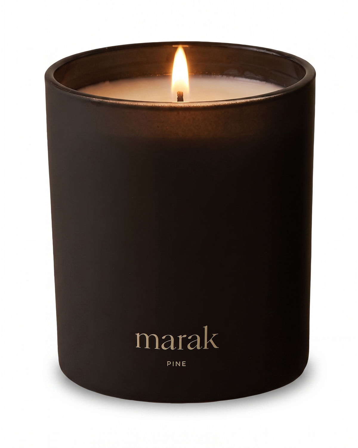 Black jar candle with one flame and marak PINE label