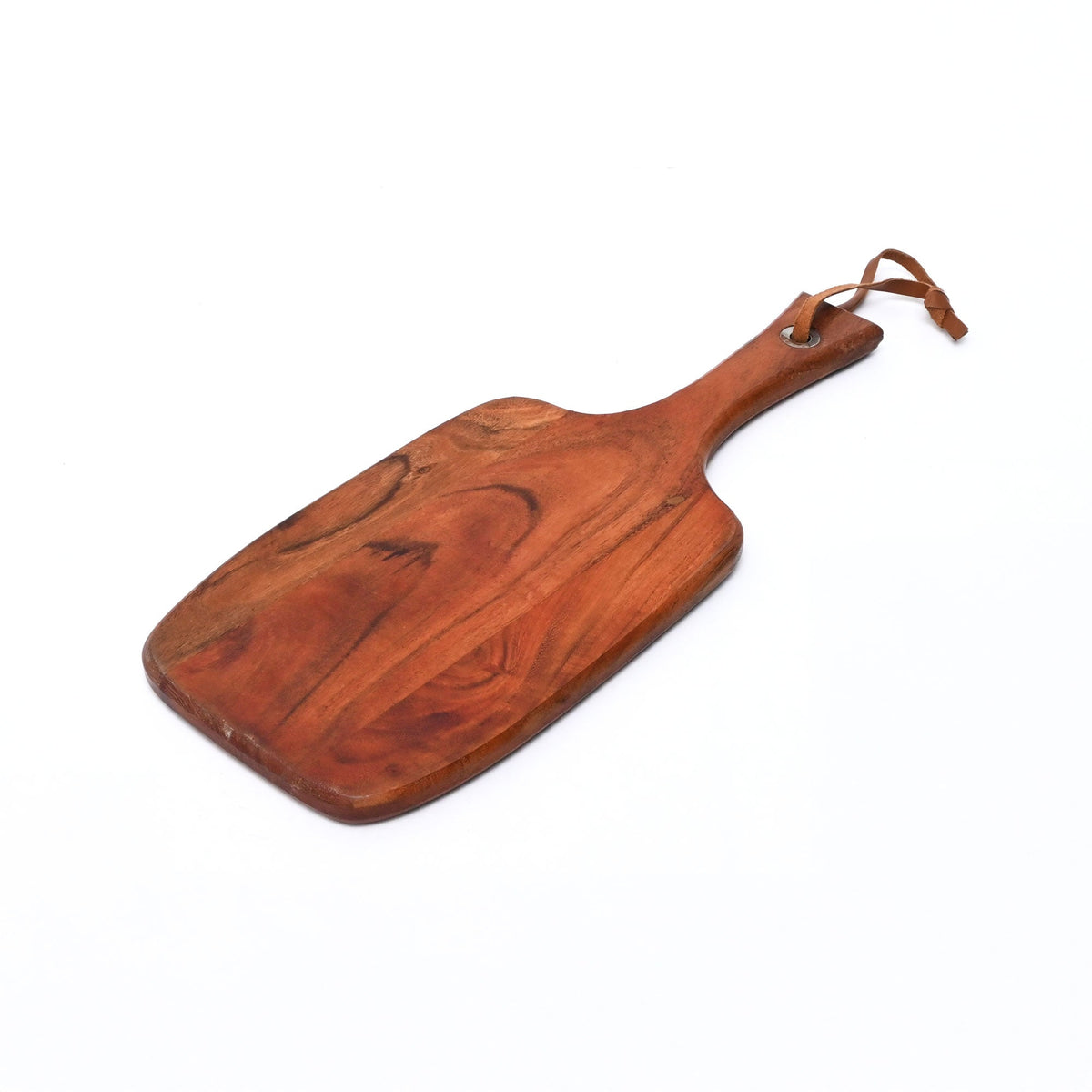 Wooden paddle cutting board with leather hanging cord and metal eyelet
