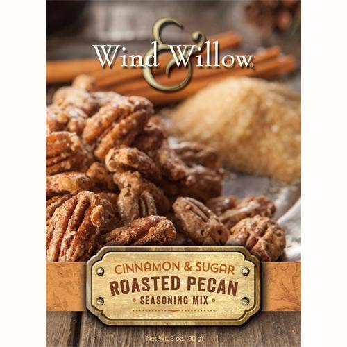 Cinnamon & sugar roasted pecan seasoning mix label with roasted pecans