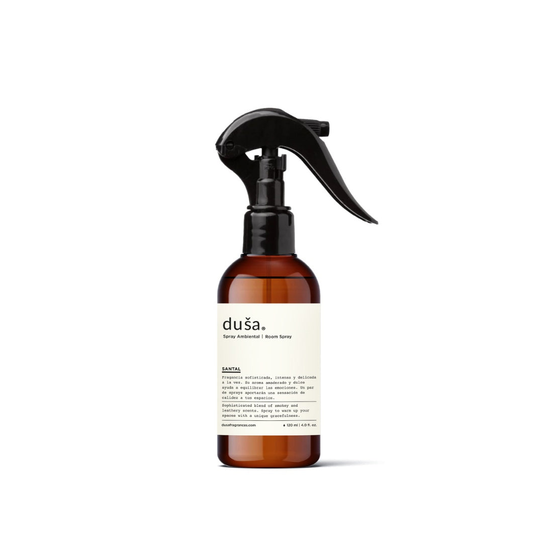 SANTAL room & linen spray bottle with black trigger sprayer and amber liquid