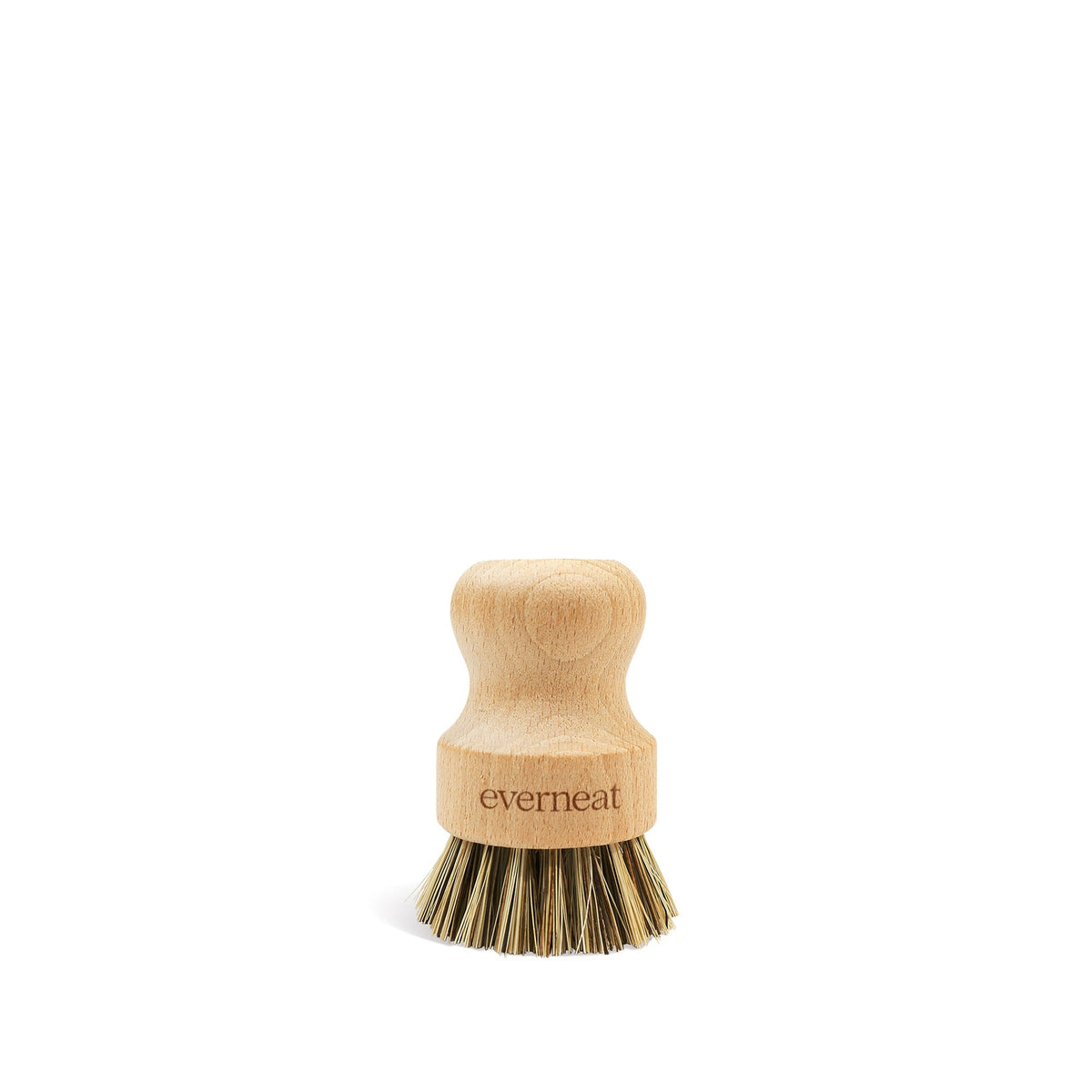 Wood-handled cleaning brush with natural bristles labeled everneat