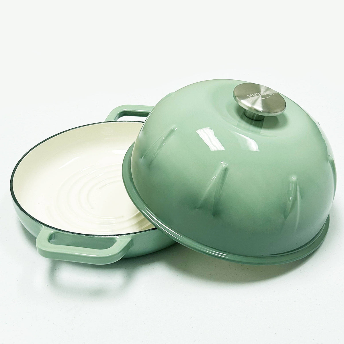Green cast iron dutch oven cloche set with lid and shallow base dish