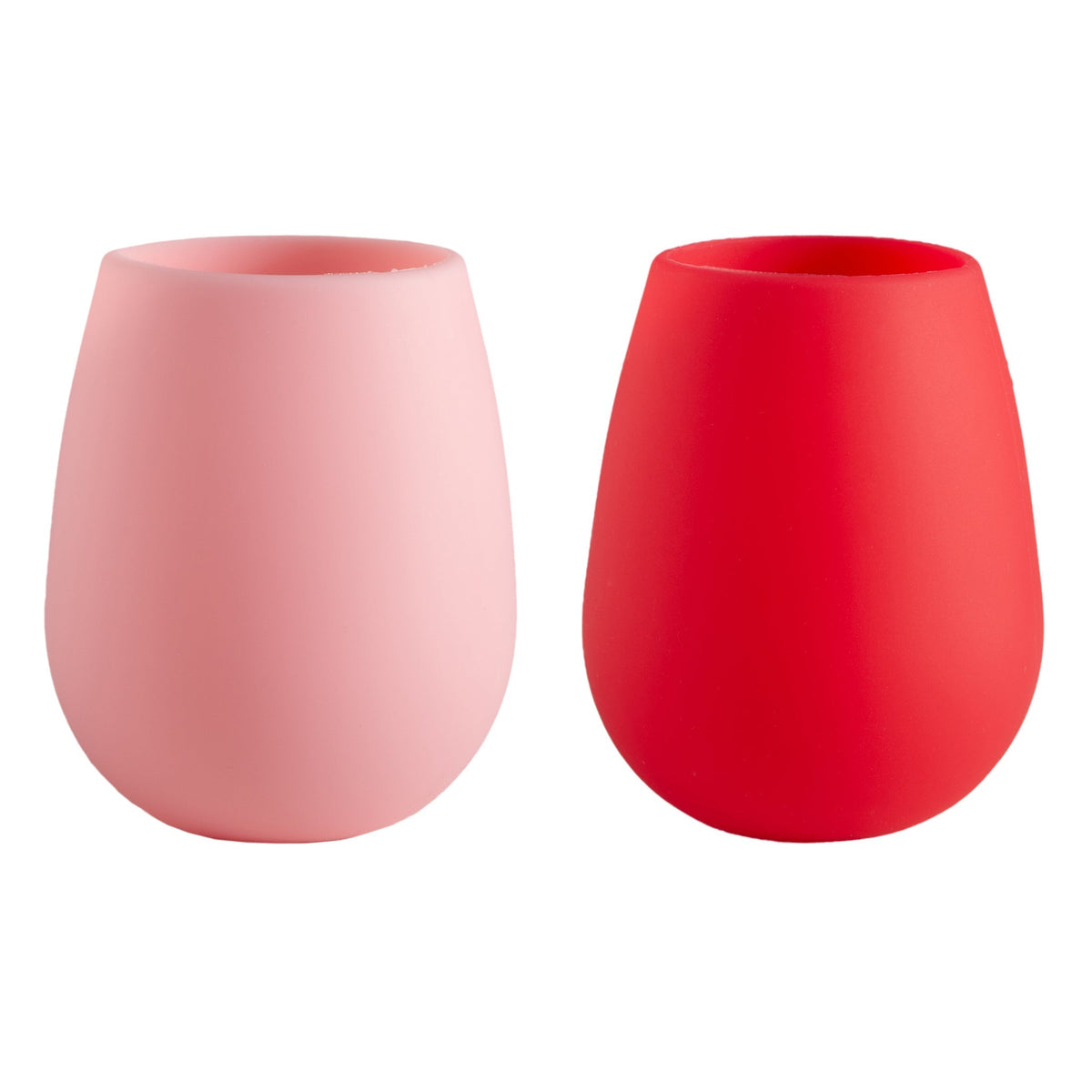 Two silicone tulip glasses, blush pink and bright cherry red, rounded rim