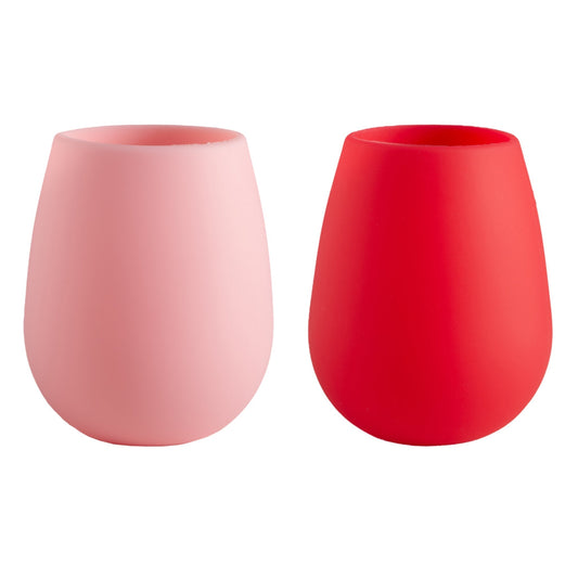 Two silicone tulip glasses, blush pink and bright cherry red, rounded rim