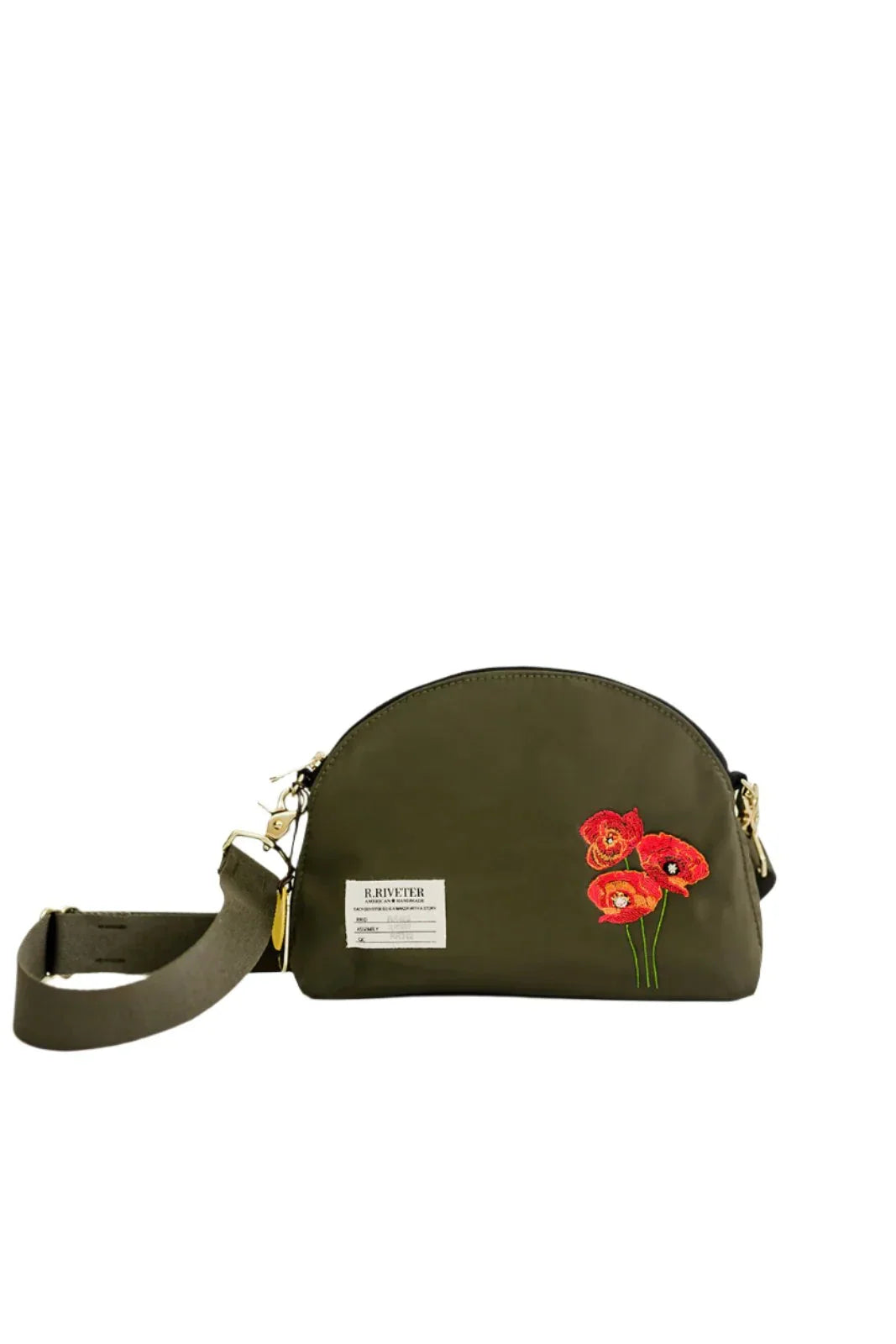 Olive nylon dome crossbody bag with red poppy embroidery and gold hardware