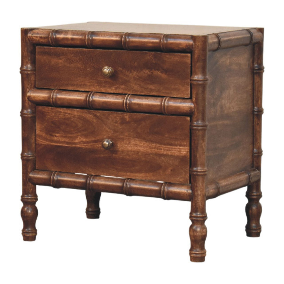 Brown bamboo-frame wood nightstand, two drawers with round metal knobs