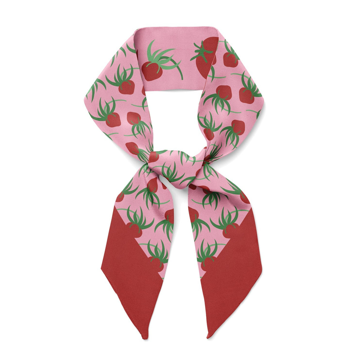 Tomato-pattern twilly ribbon scarf, pink with red tomatoes and green leafy vines