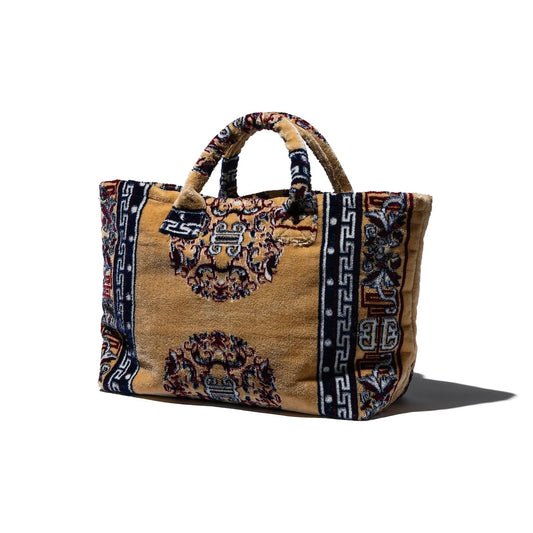 Tan tote bag with embroidered Persian-style medallion panels and double top handles