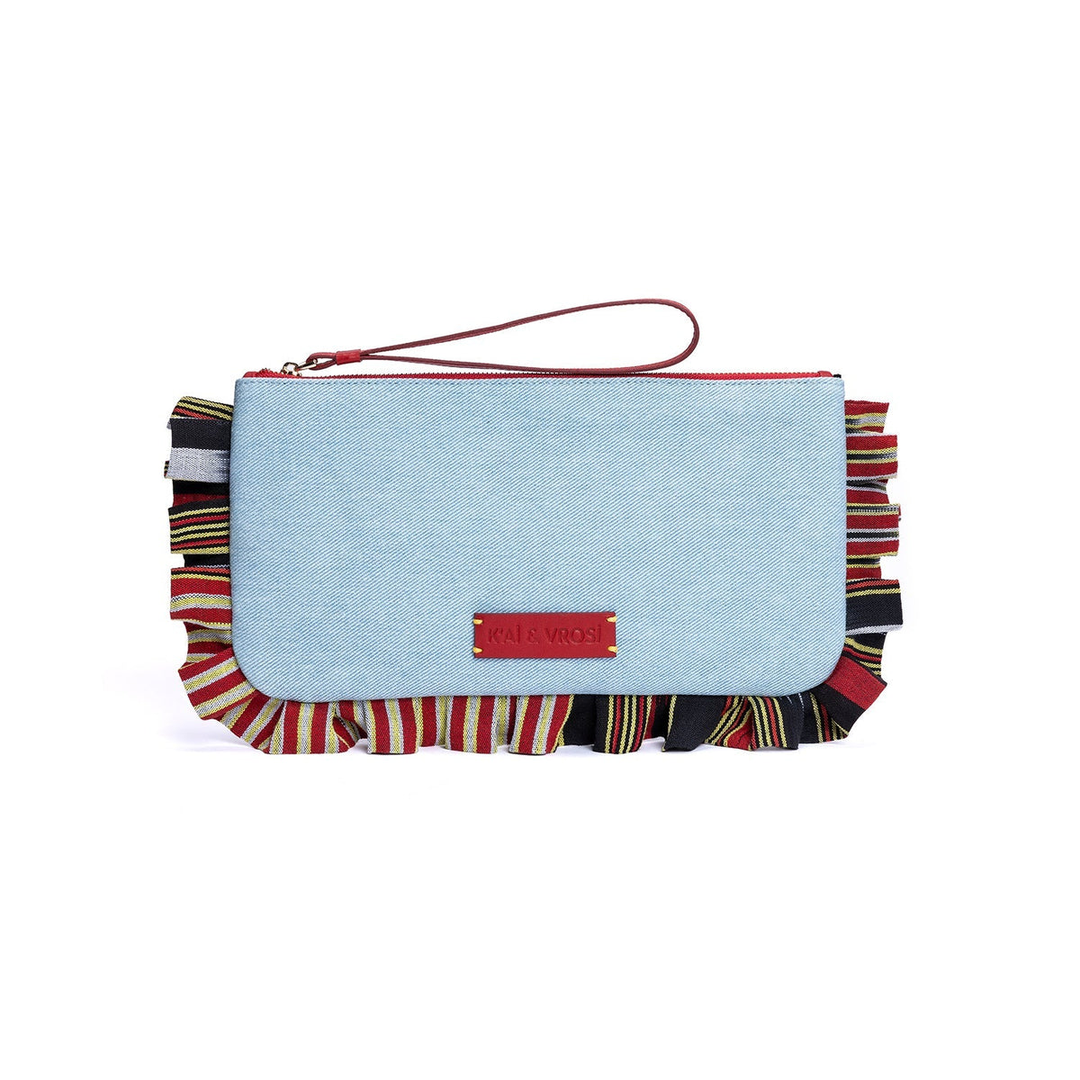 Light blue denim clutch bag with rounded flap, fringed striped trim, and red wrist strap