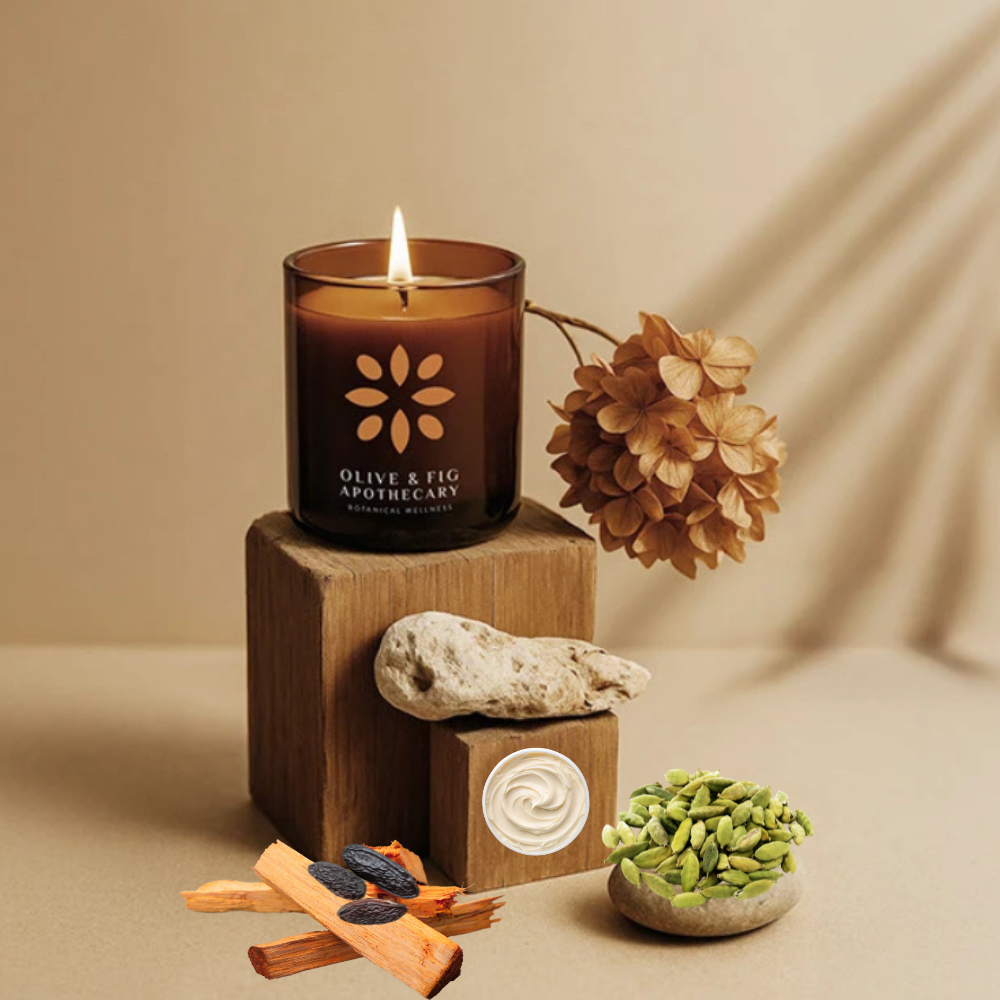 Unlit amber jar candle on a wooden block with flower, cinnamon sticks, and seeds