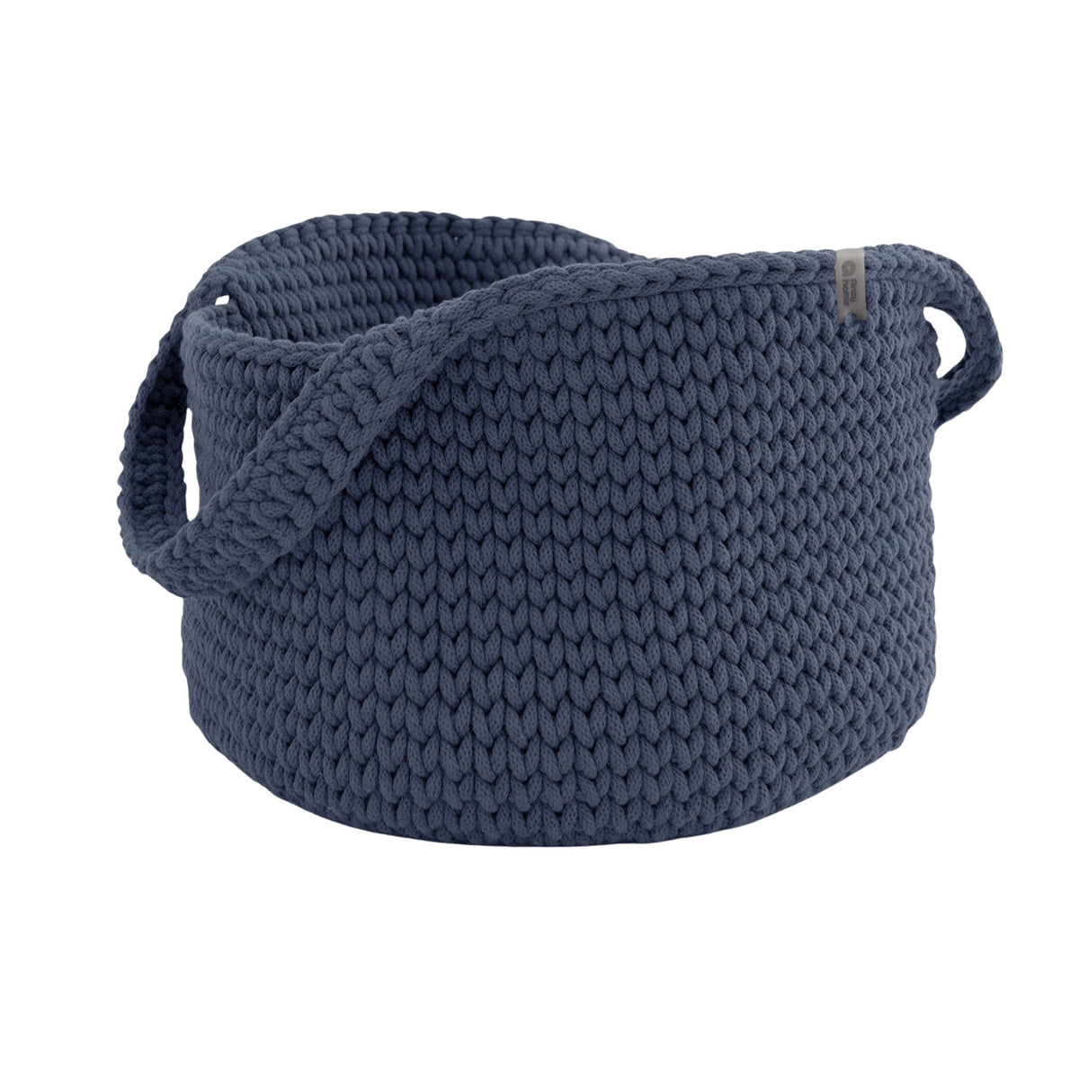 Round knit storage basket with handles, navy blue