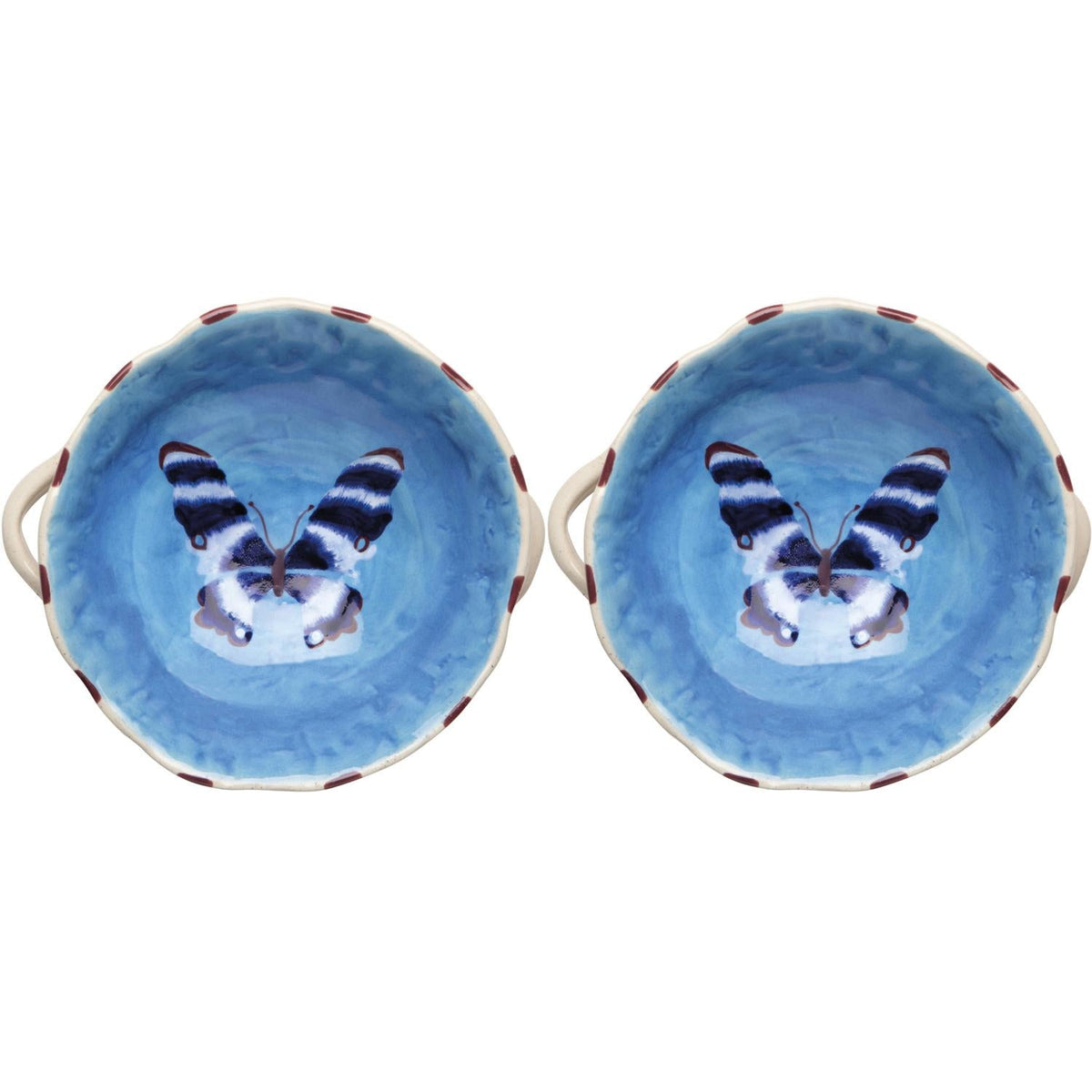 Pair of blue footed ceramic bowls with animal face artwork and beige rim