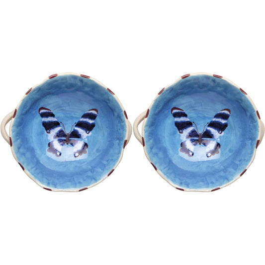 Pair of blue footed ceramic bowls with animal face artwork and beige rim
