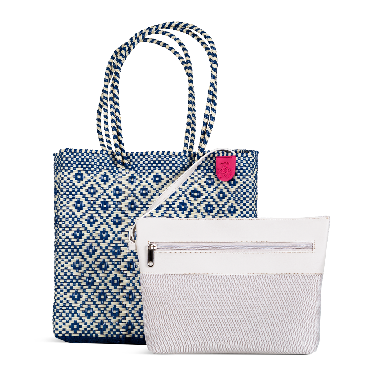 Woven tote bag with diamond pattern and striped handles, plus white zip pouch