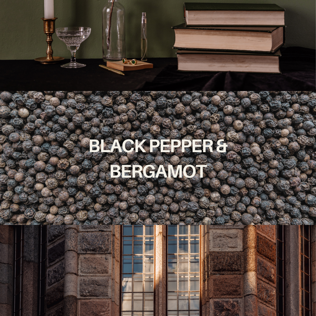 Room and linen spray scent display with decorative tabletop and stacked books