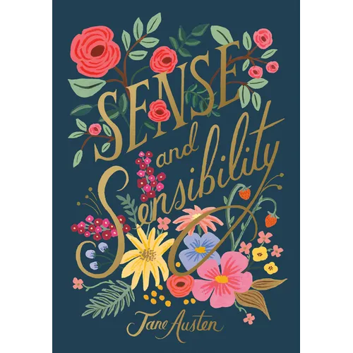Hardcover book with blue floral cover, gold 'Sense and Sensibility' text, Jane Austen.