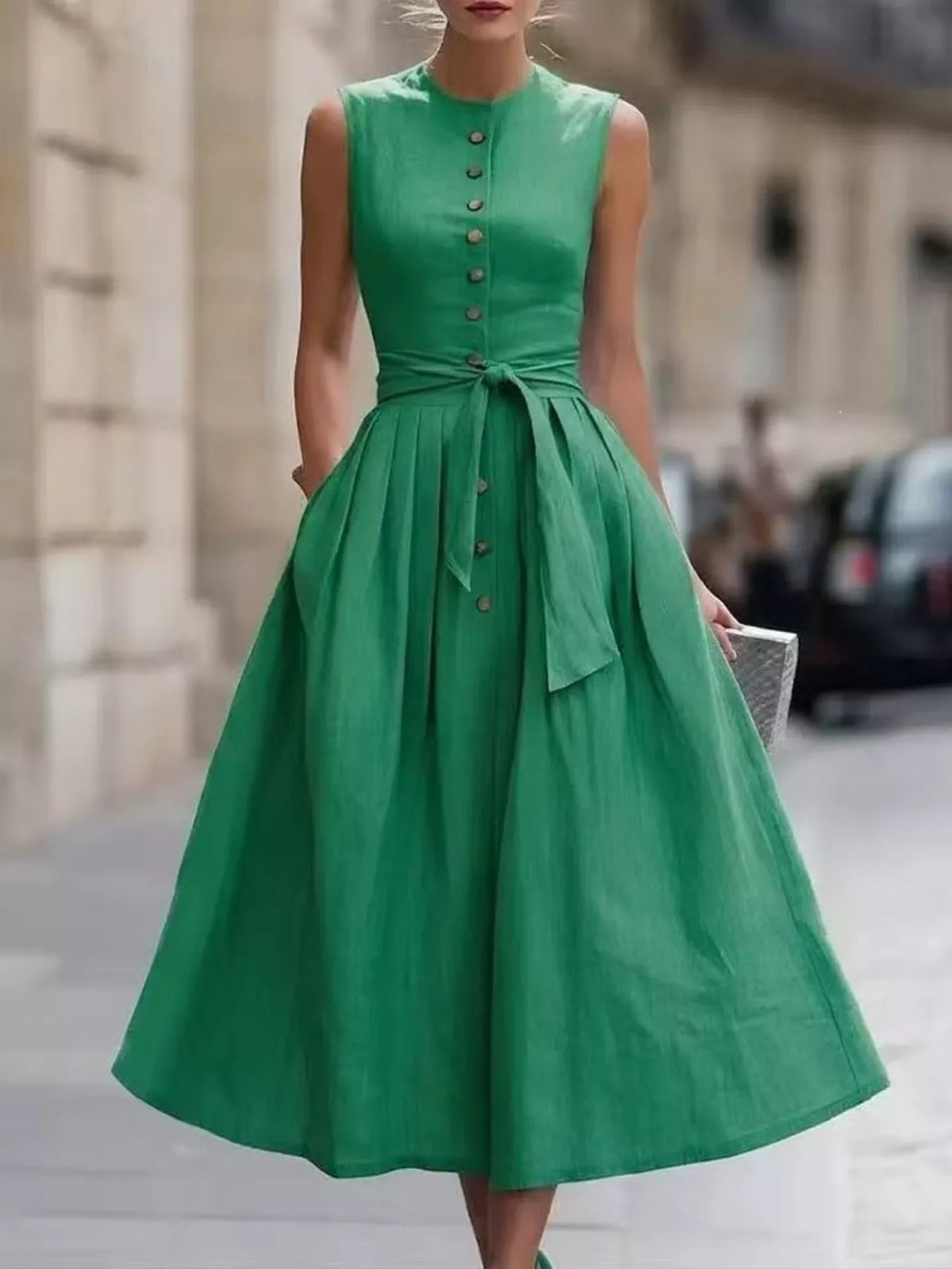 Vintage-Inspired Belted Sleeveless Midi Dress