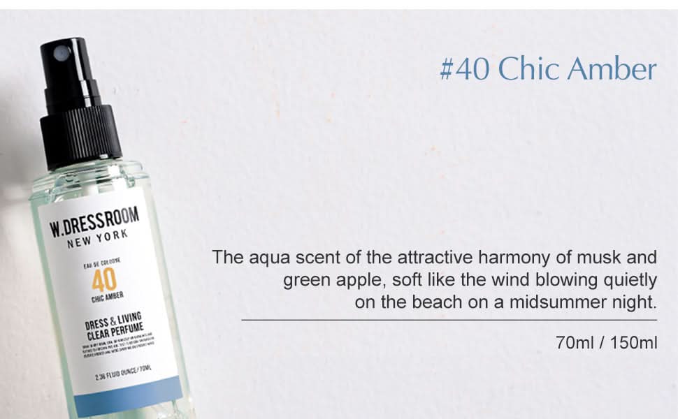 Spray eau de cologne bottle with black pump cap and label “40 Chic Amber”.