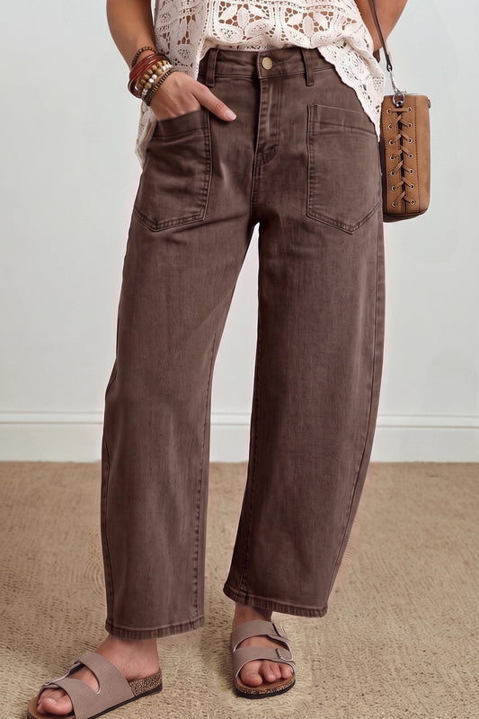 Coffee-brown barrel jeans with patch pockets and tapered straight legs, model worn