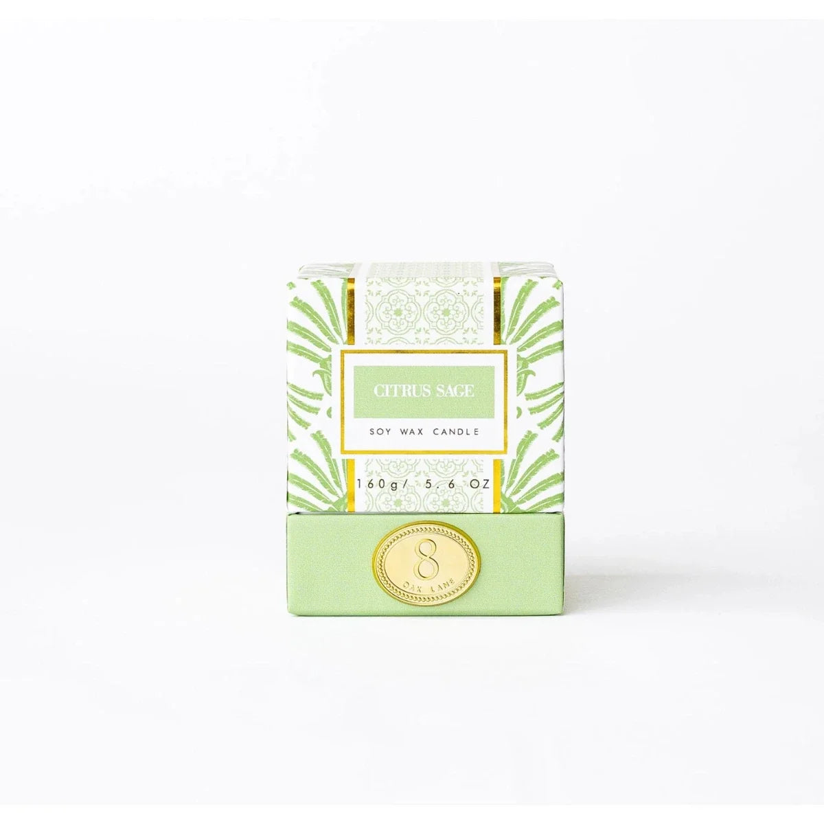 Boxed citrus sage soy wax candle, 5.6 oz, green and white palm design