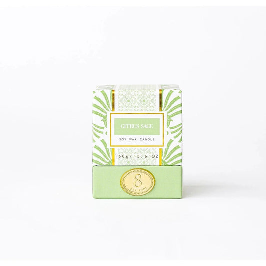 Boxed citrus sage soy wax candle, 5.6 oz, green and white palm design