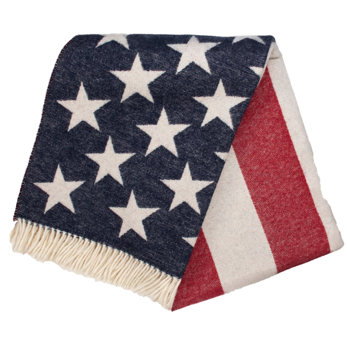 Tri-fold American flag throw with navy stars on one side and red-and-white stripes on the other