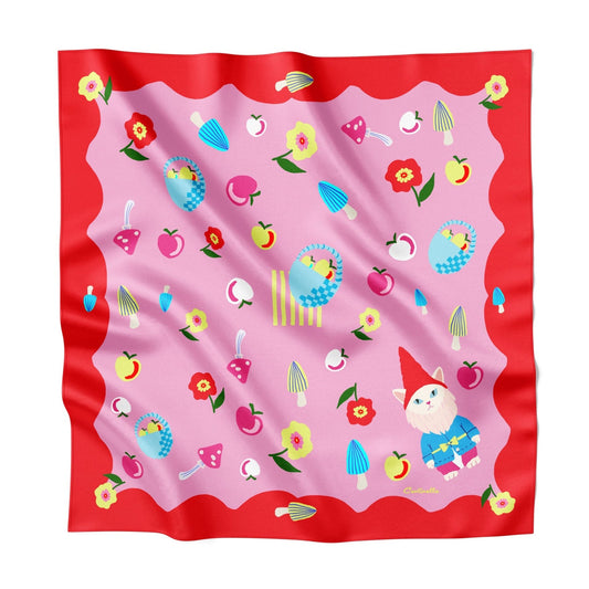 Silk square scarf with red border and pink center, playful cat and fruit pattern