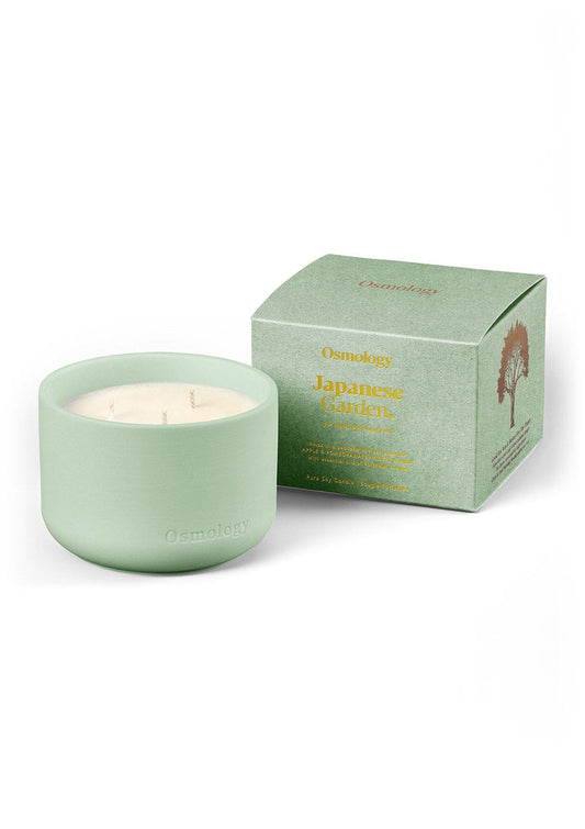 Mint green triple-wick scented candle with lid-wick tops and Japanese Garden gift box