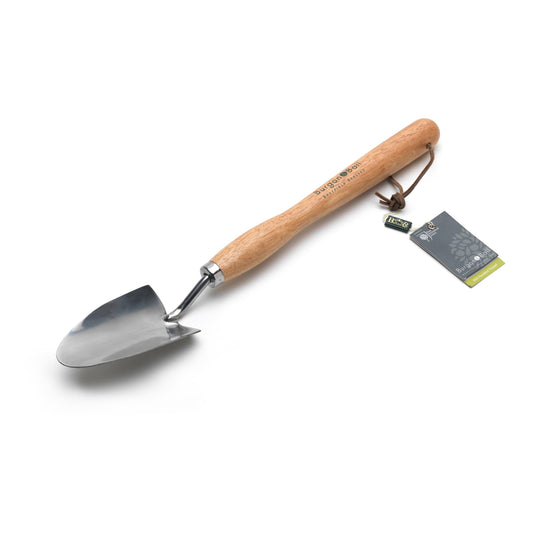 Stainless steel garden trowel with mid handle and wooden grip, pointed scoop blade