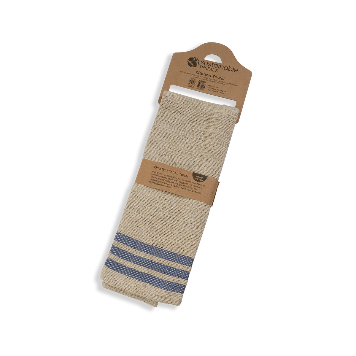 Handwoven cotton kitchen towel with blue striped border, shown on hang tag