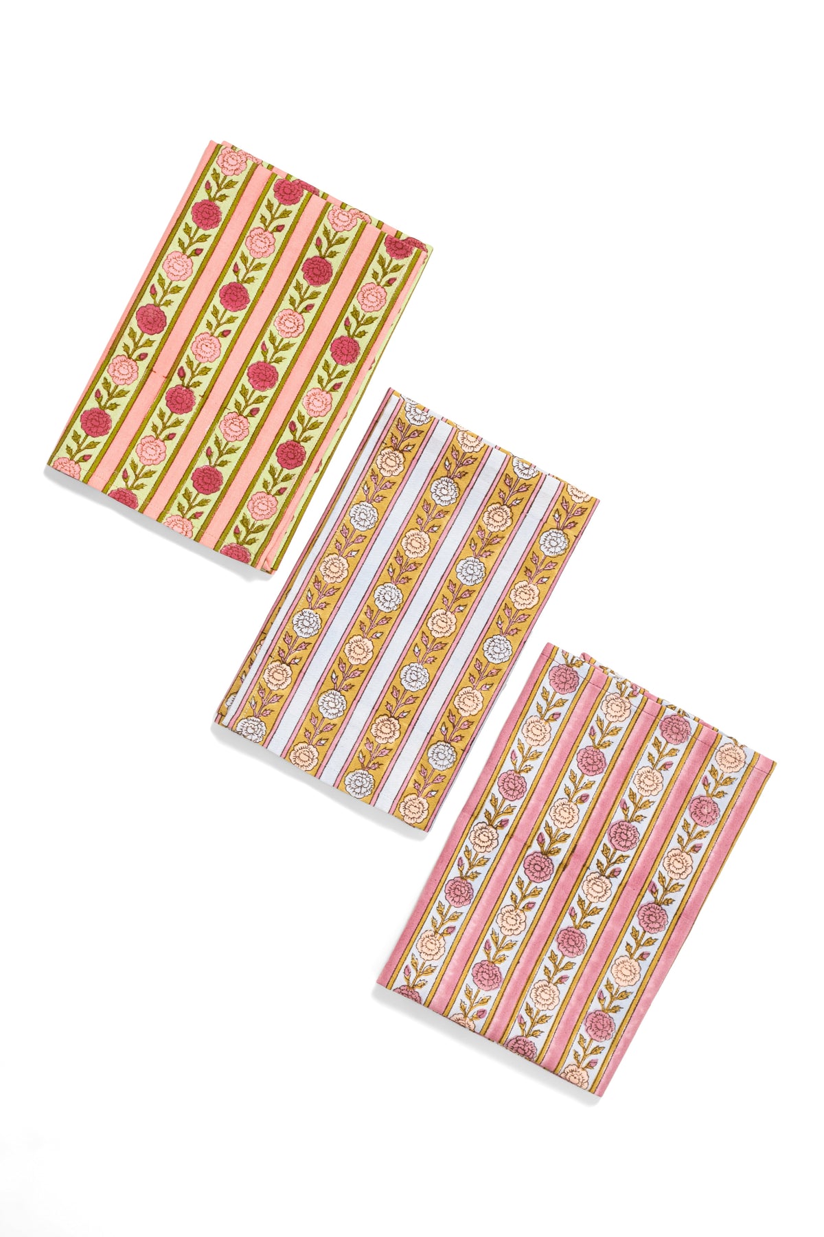 Set of 4 vintage floral stripe napkins in pink and orange stripes, angled stack