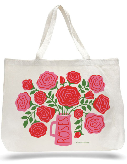 Off-white canvas tote bag with red and pink rose bouquet print and pink vase label