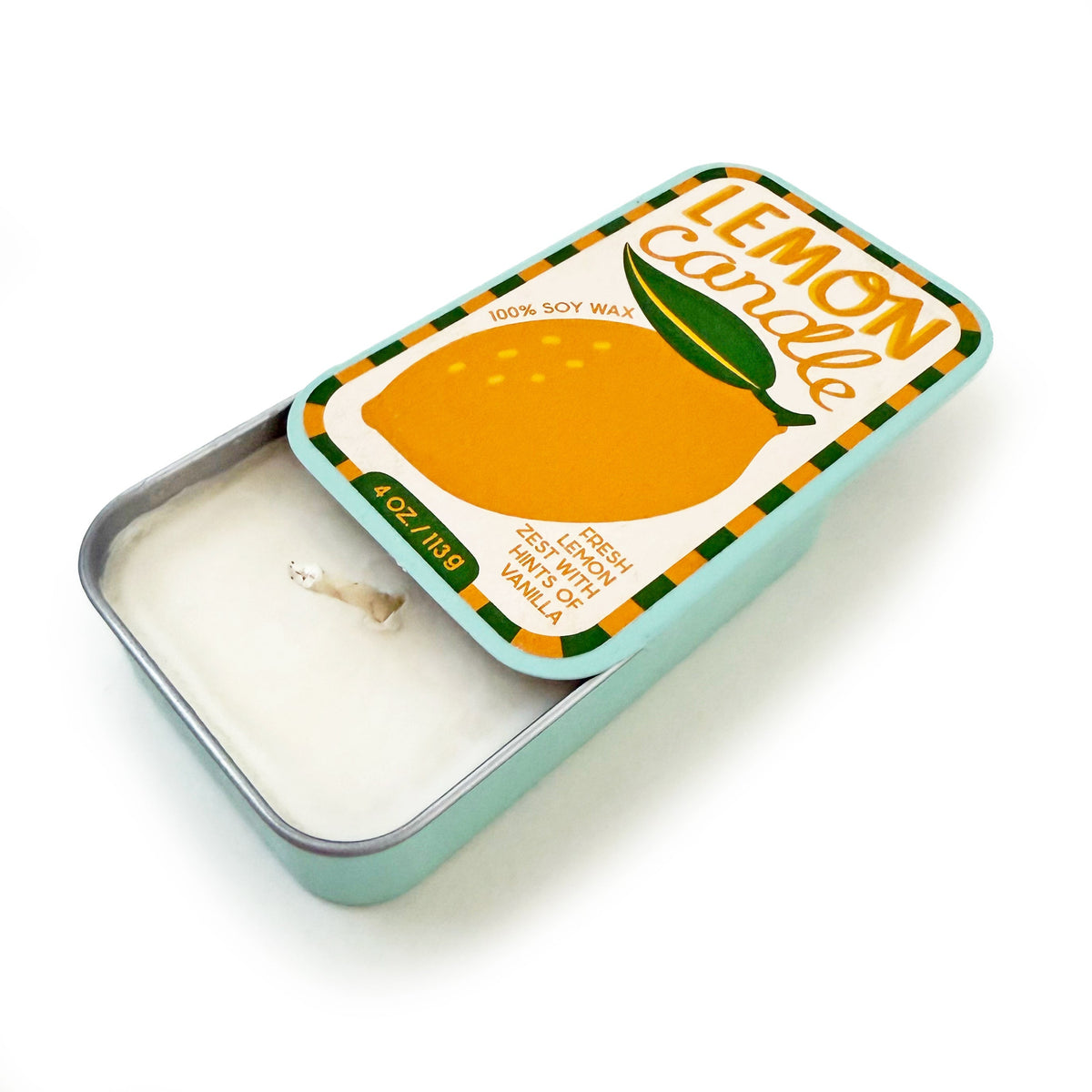 Lemon candle in metal tray tin with white wax and wick, turquoise exterior