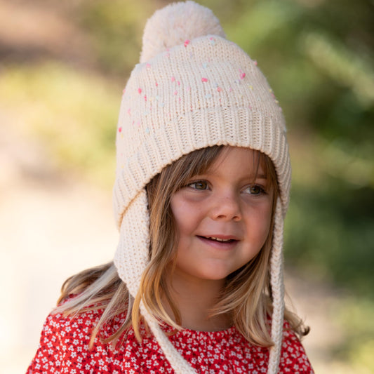 Warm Earflap Knit Beanie Hat with Ties for Toddlers/Little Kids 2-6 Years