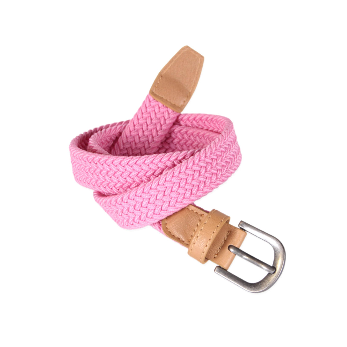 Girls' pink braided stretch belt with tan leather details and metal buckle