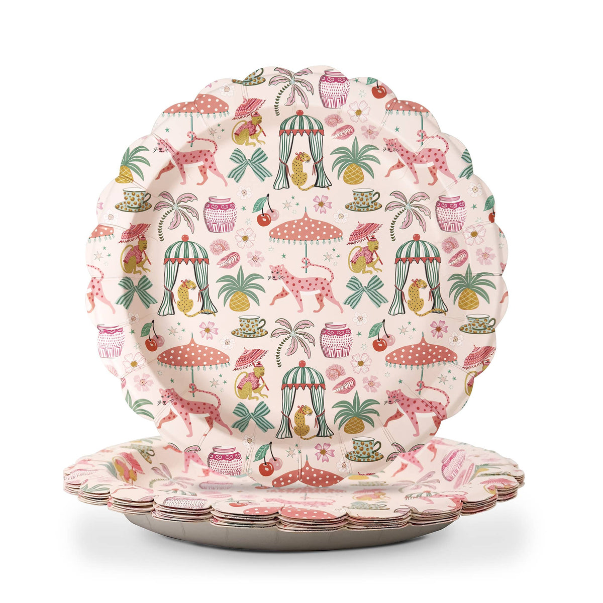 Scalloped pink lunch plates with tropical leopard and umbrella pattern