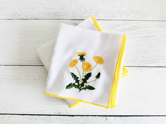 Flour sack towel set of two, white with embroidered yellow dandelions and green stems