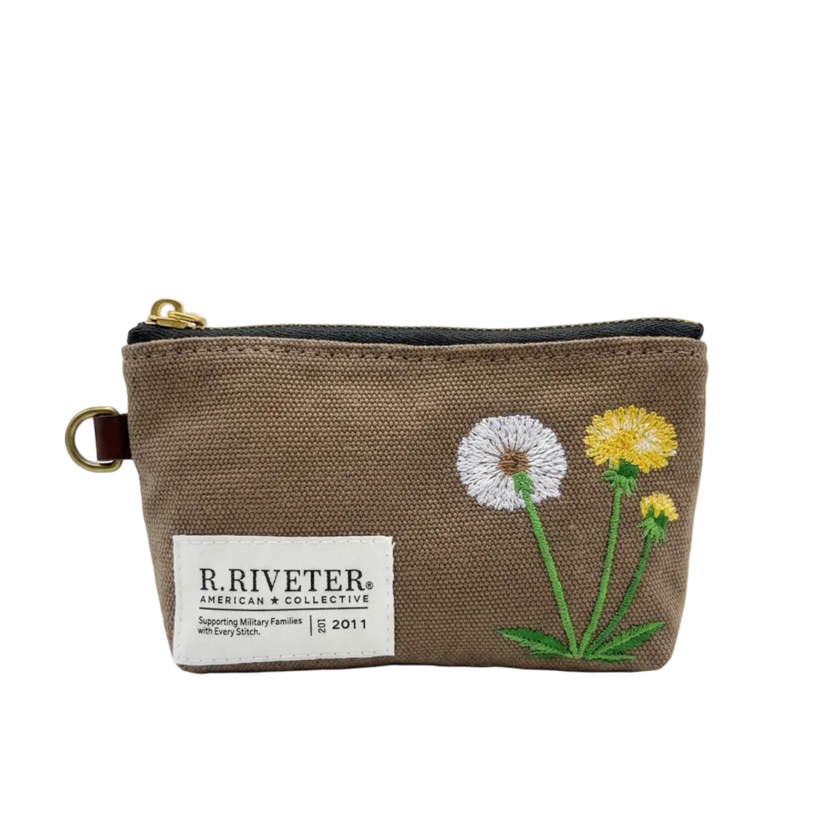 Embroidered canvas mini pouch with dandelion patch, zipper top and gold ring pull