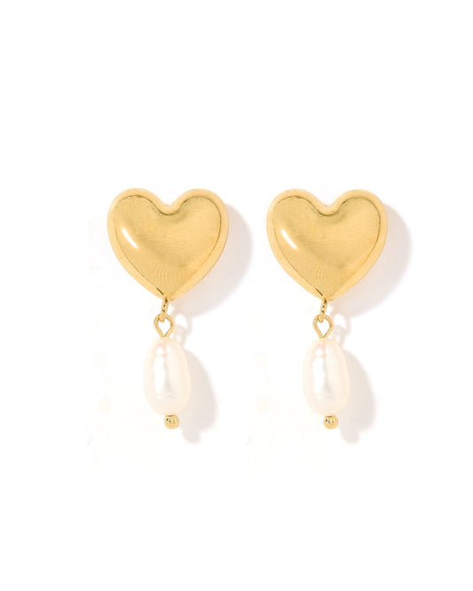 Gold-tone heart dangle earrings with pearl drop, stud-top and dangling heart charm.