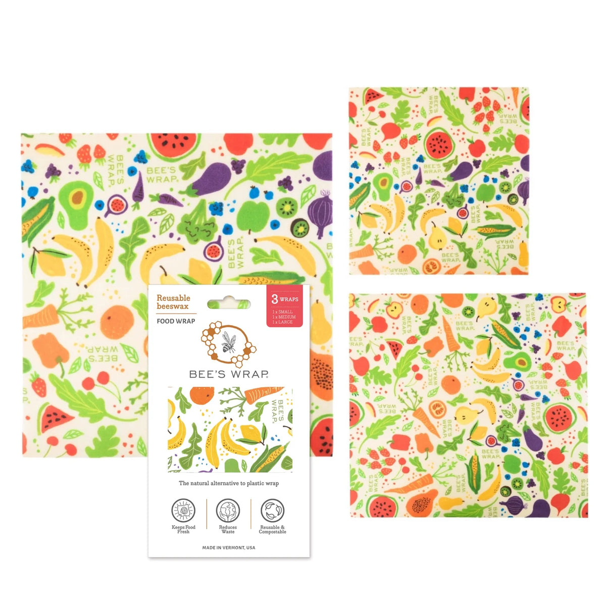 Reusable food wrap set with colorful fruit and animal pattern, plus instruction card
