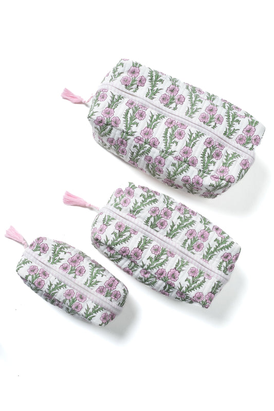 Lilac pink floral blockprint makeup pouches, view of front zippers and pink tassels