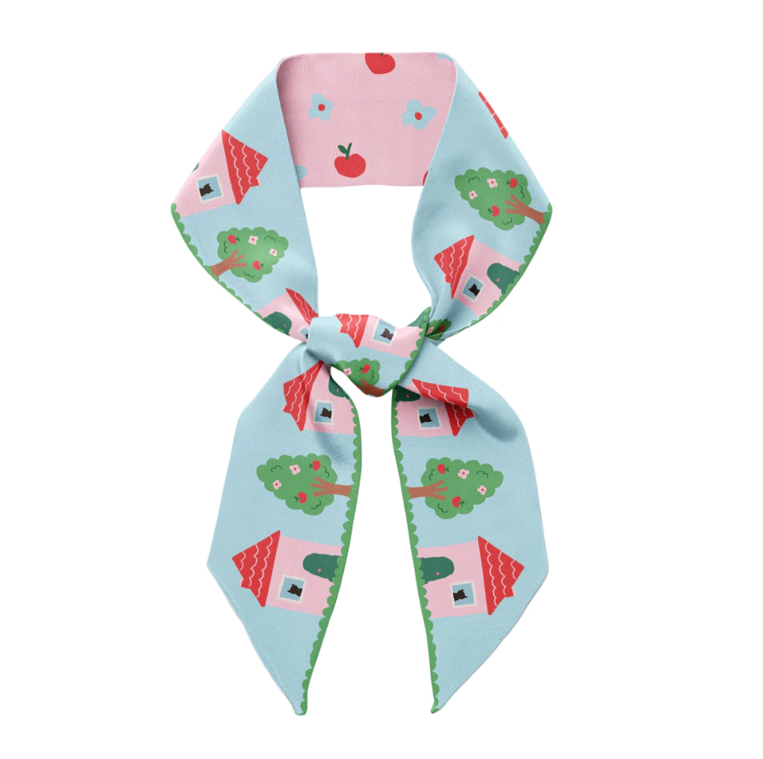 Light blue and pink twilly ribbon scarf with house and flower print, tied bow