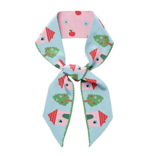 Light blue and pink twilly ribbon scarf with house and flower print, tied bow