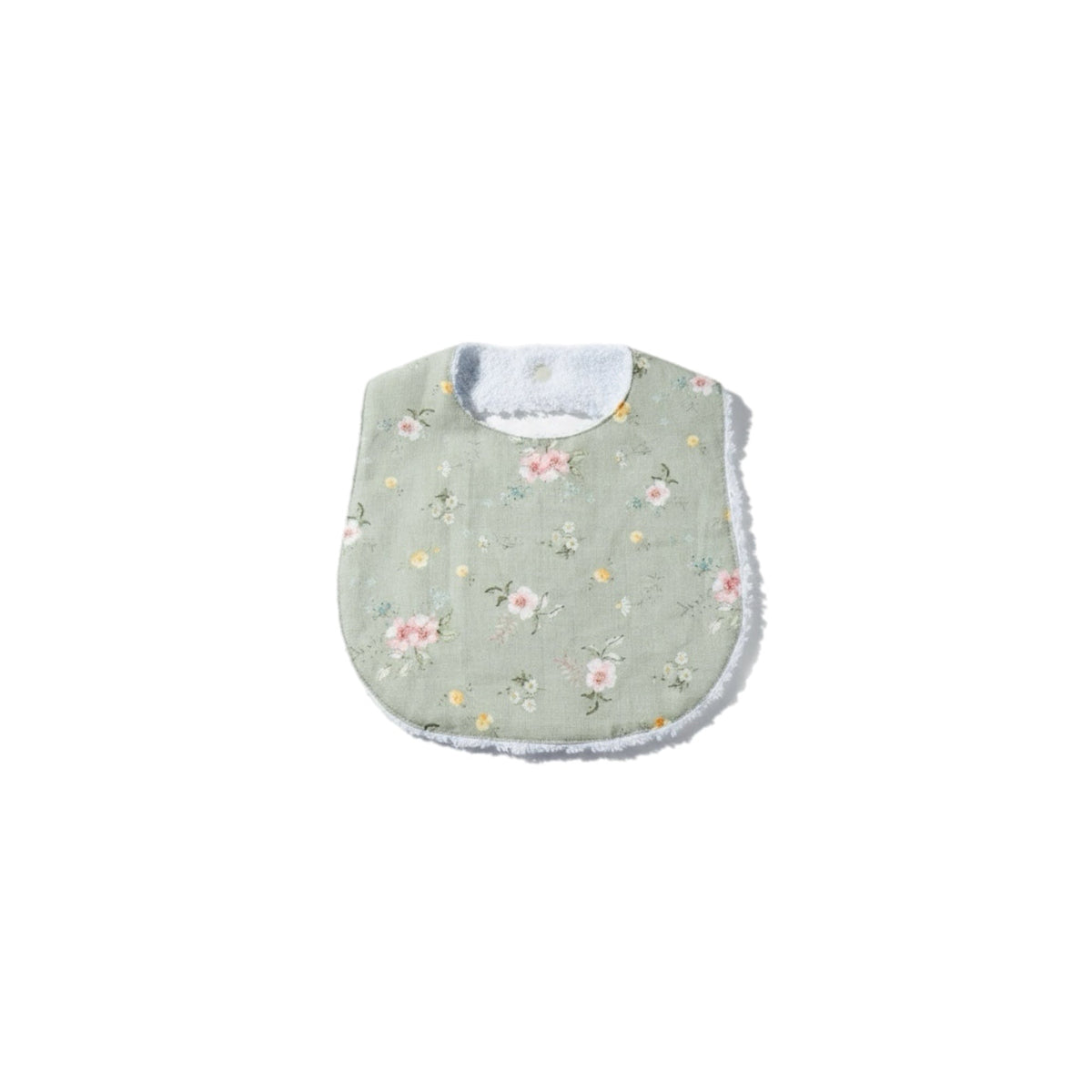 Sage floral baby bib with light blue inner neck trim and snap closure.