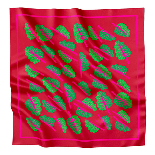 Medium square silk scarf in magenta with bright green leaf pattern and border
