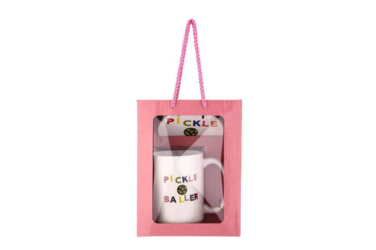 Pickle Baller mug and coaster set in a pink gift box with a hanging cord.