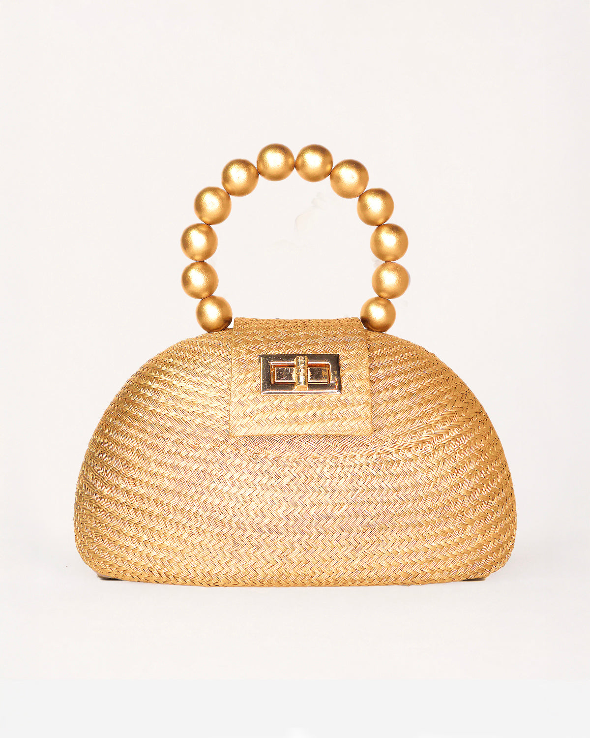 THE ORLA Gold Woven Straw & Wooden Bead Statement Clutch Bag