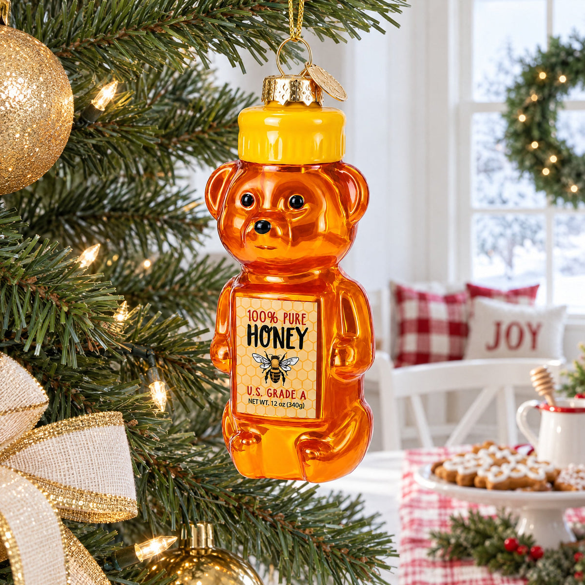 Glass honey bear ornament with hanging loop, yellow top, and front “honey” label