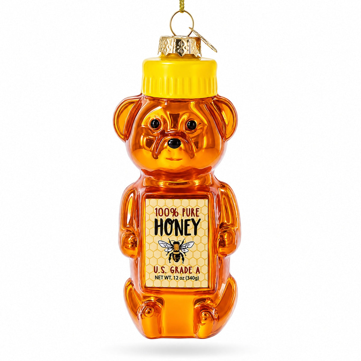 Glass honey bear ornament facing forward, yellow cap, and detailed honey label