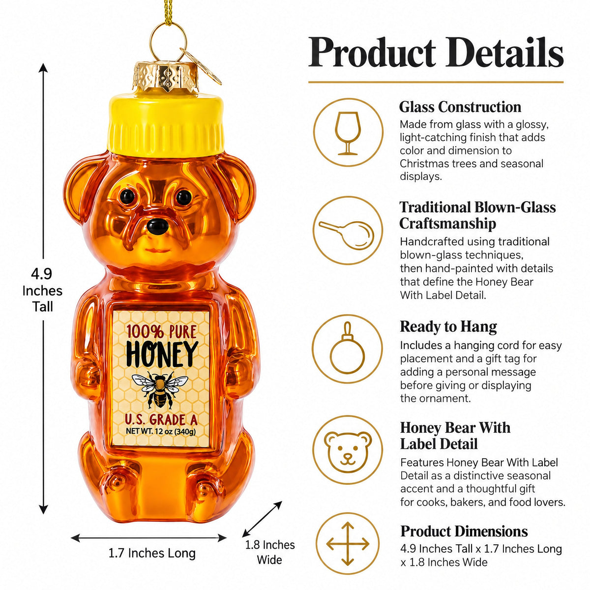 Glass honey bear ornament front view with yellow cap and “100% pure honey” label
